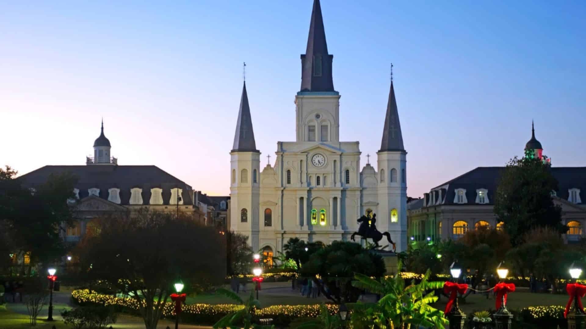 Jackson Square in the historic New Orleans French Quarter decorated for the Christmas Season with St. Louis Cathedral in the background