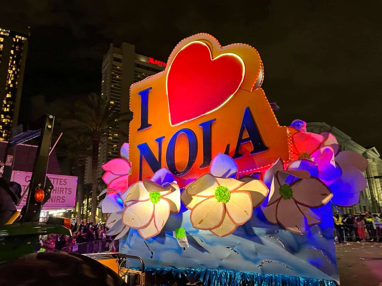 I Love NOLA Float in the Bacchus parade New Orleans Mardi Gras