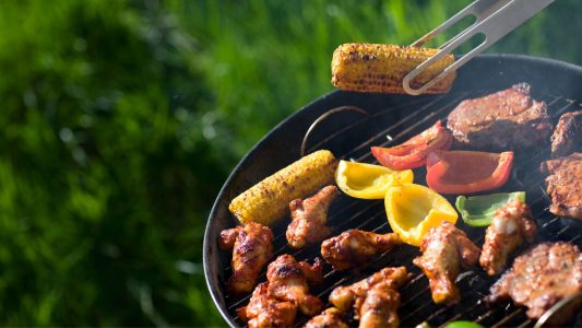 meat and veggies on the grill