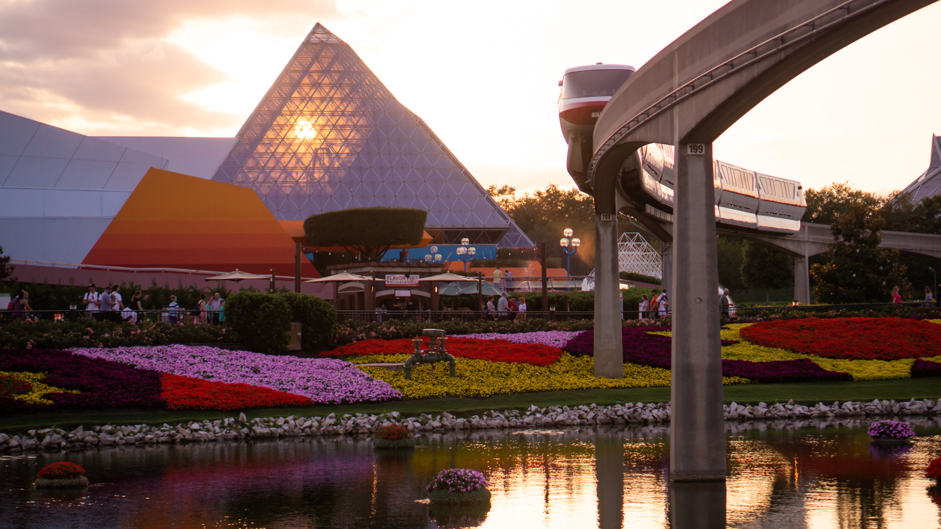 Epcot during sunset during the Flower and Garden Festival 